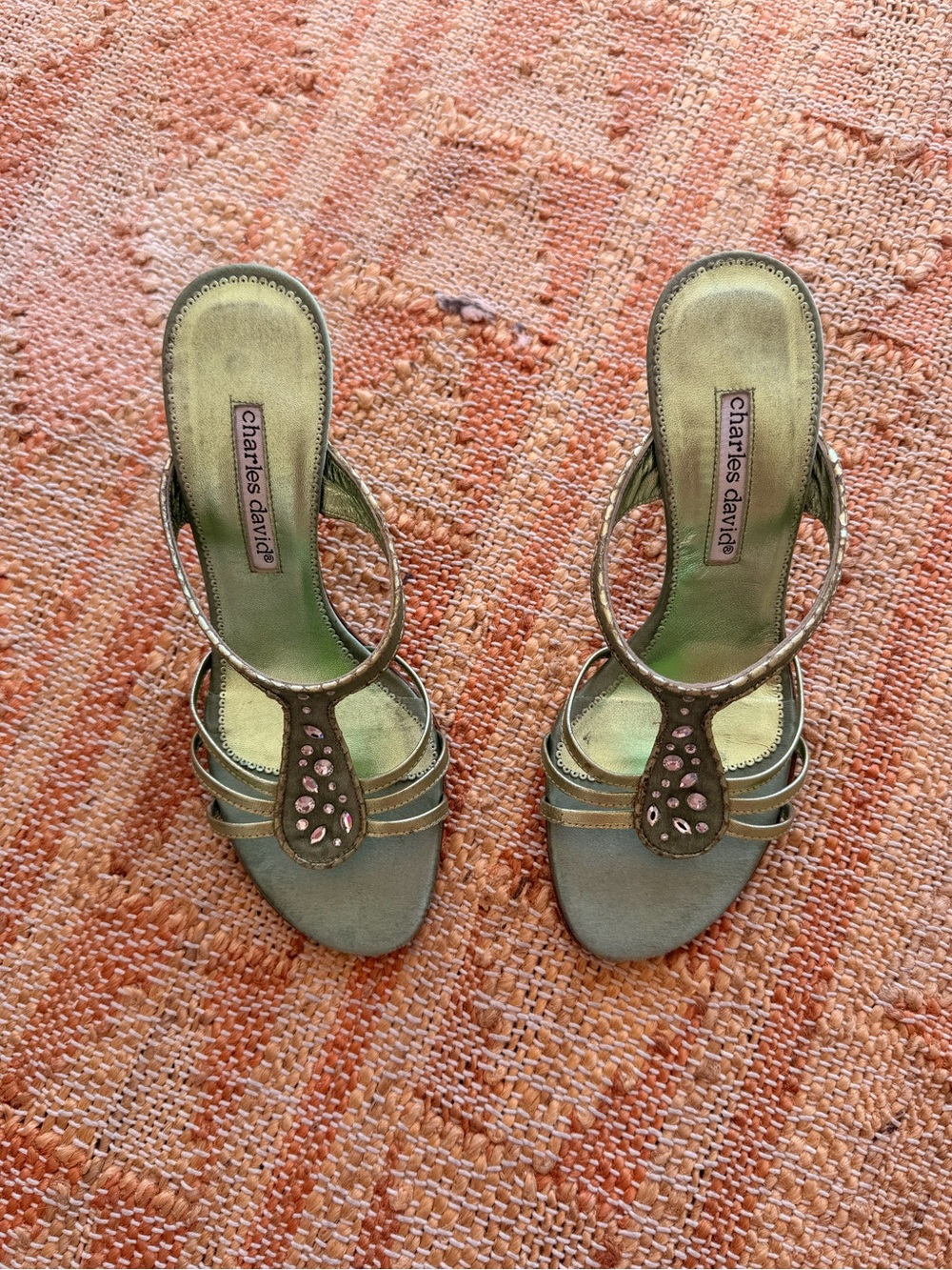 Vintage Y2K Charles David Sage Green Metallic Satin Strappy Sandals Sz 6.5 - Picture 1 of 9